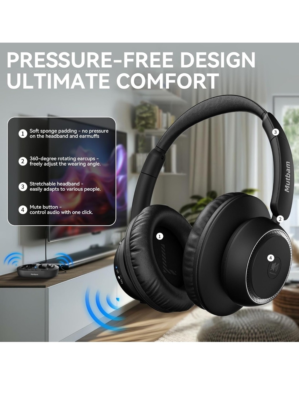 Wireless TV Headphones for Seniors Charging Dock 65H Low Latency Audio